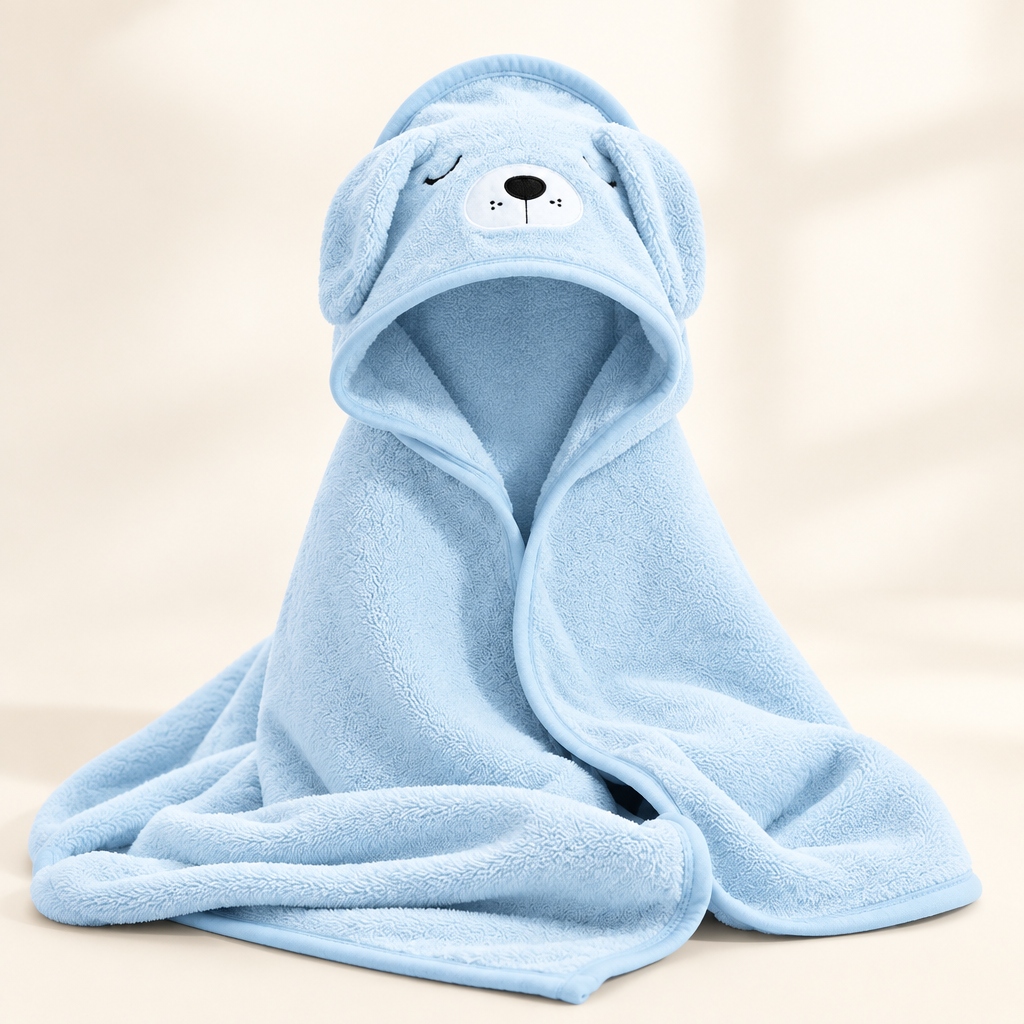 Blue baby towel on ivory background
